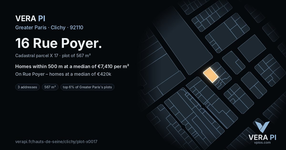 16 Rue Poyer, Clichy at night – the plot lit, the parcels around coloured by the prices near them