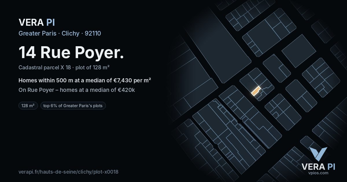 14 Rue Poyer, Clichy at night – the plot lit, the parcels around coloured by the prices near them