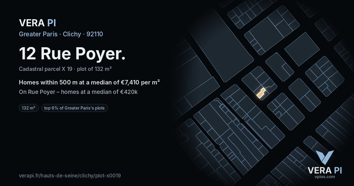 12 Rue Poyer, Clichy at night – the plot lit, the parcels around coloured by the prices near them