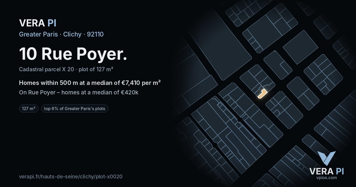 10 Rue Poyer, Clichy at night – the plot lit, the parcels around coloured by the prices near them