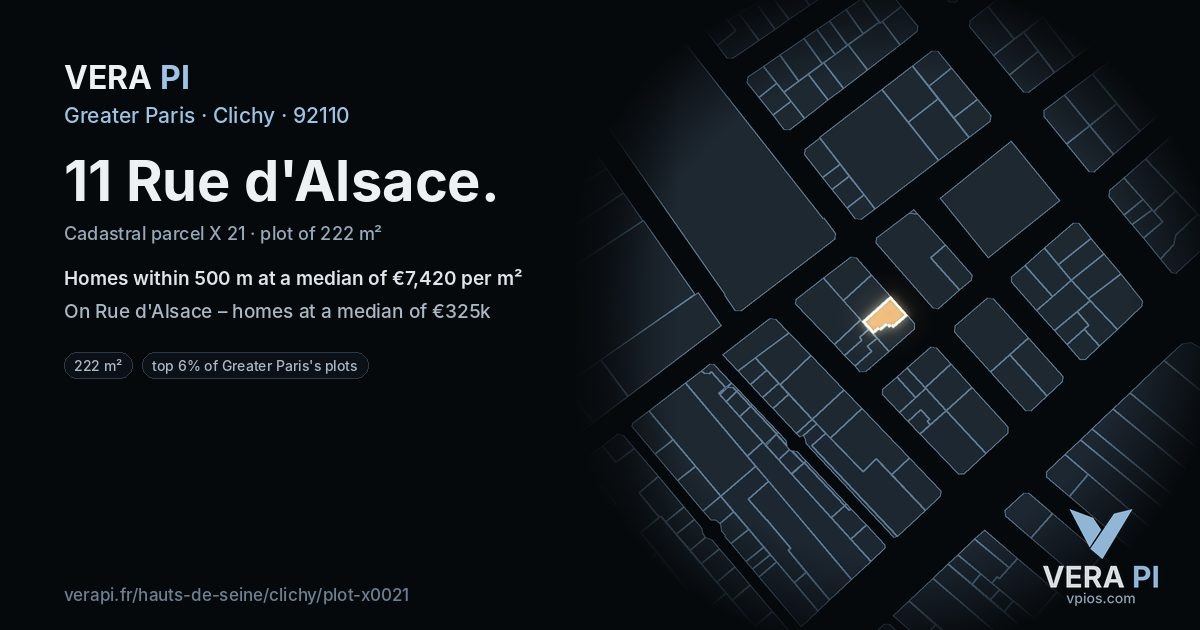 11 Rue d'Alsace, Clichy at night – the plot lit, the parcels around coloured by the prices near them