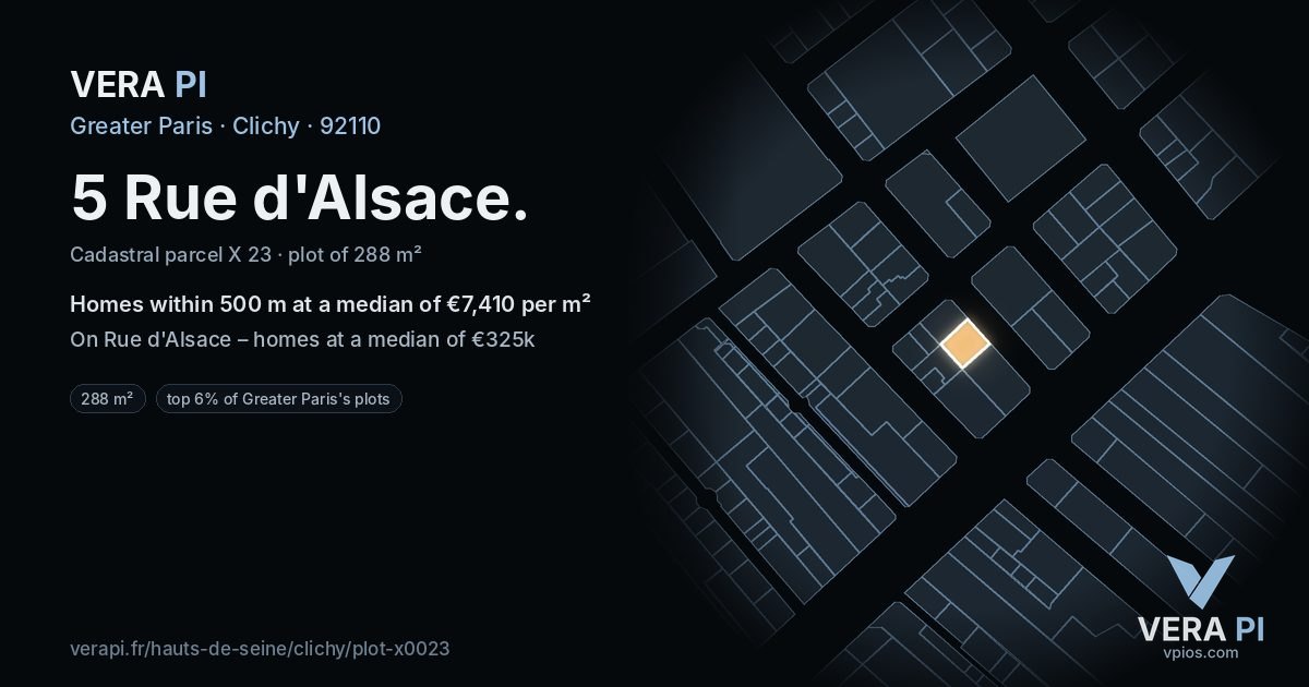5 Rue d'Alsace, Clichy at night – the plot lit, the parcels around coloured by the prices near them