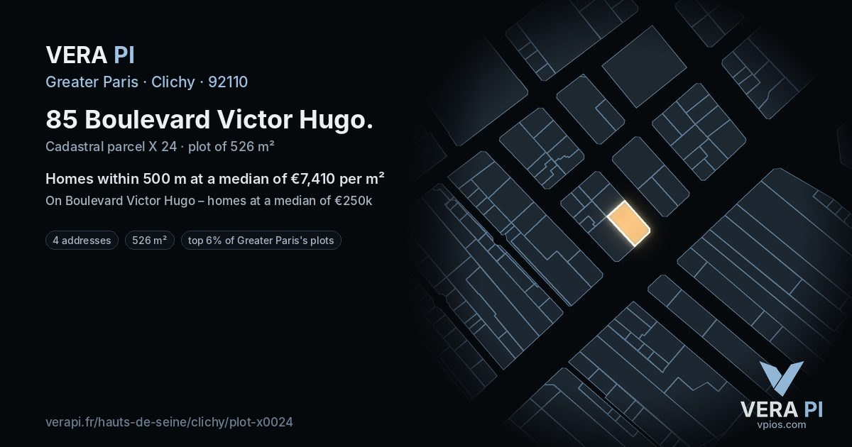 85 Boulevard Victor Hugo, Clichy at night – the plot lit, the parcels around coloured by the prices near them