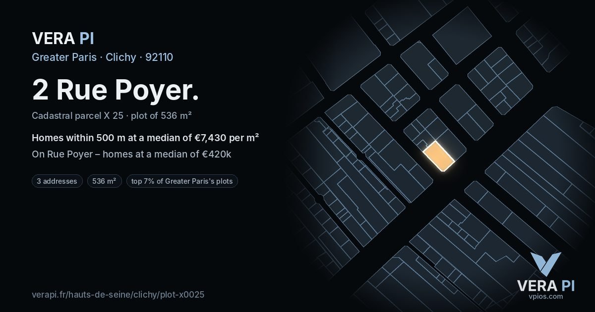2 Rue Poyer, Clichy at night – the plot lit, the parcels around coloured by the prices near them
