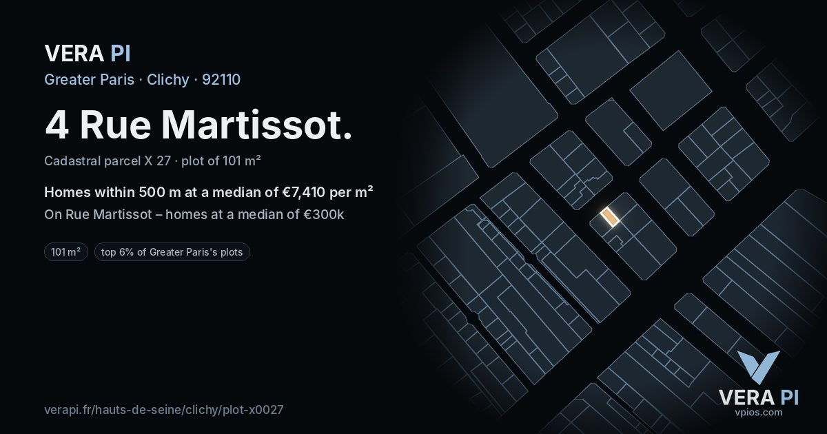 4 Rue Martissot, Clichy at night – the plot lit, the parcels around coloured by the prices near them