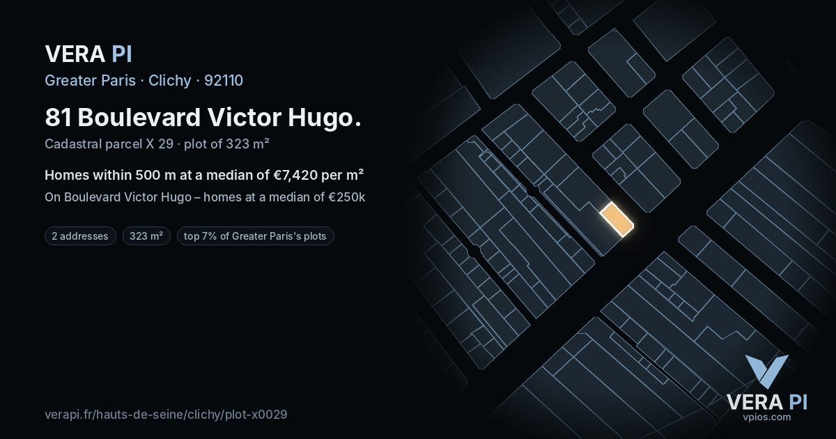 81 Boulevard Victor Hugo, Clichy at night – the plot lit, the parcels around coloured by the prices near them