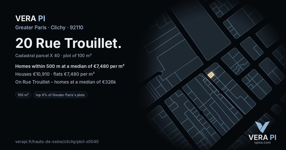 20 Rue Trouillet, Clichy at night – the plot lit, the parcels around coloured by the prices near them