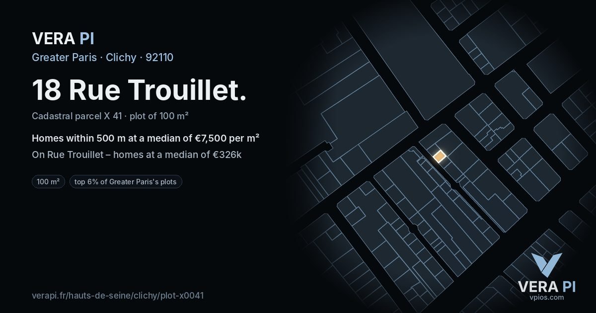 18 Rue Trouillet, Clichy at night – the plot lit, the parcels around coloured by the prices near them