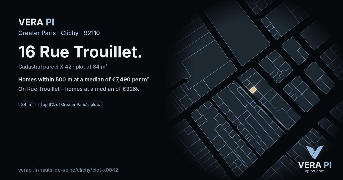 16 Rue Trouillet, Clichy at night – the plot lit, the parcels around coloured by the prices near them