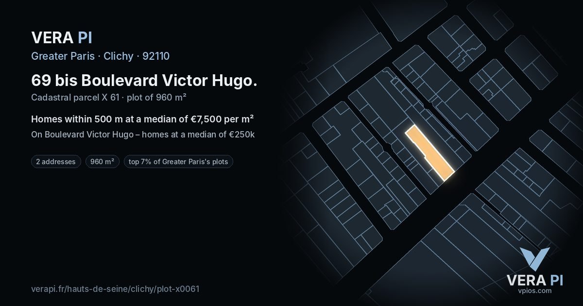 69 bis Boulevard Victor Hugo, Clichy at night – the plot lit, the parcels around coloured by the prices near them