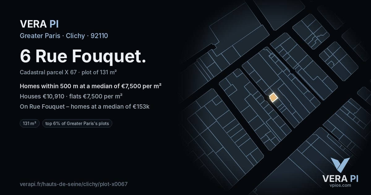 6 Rue Fouquet, Clichy at night – the plot lit, the parcels around coloured by the prices near them