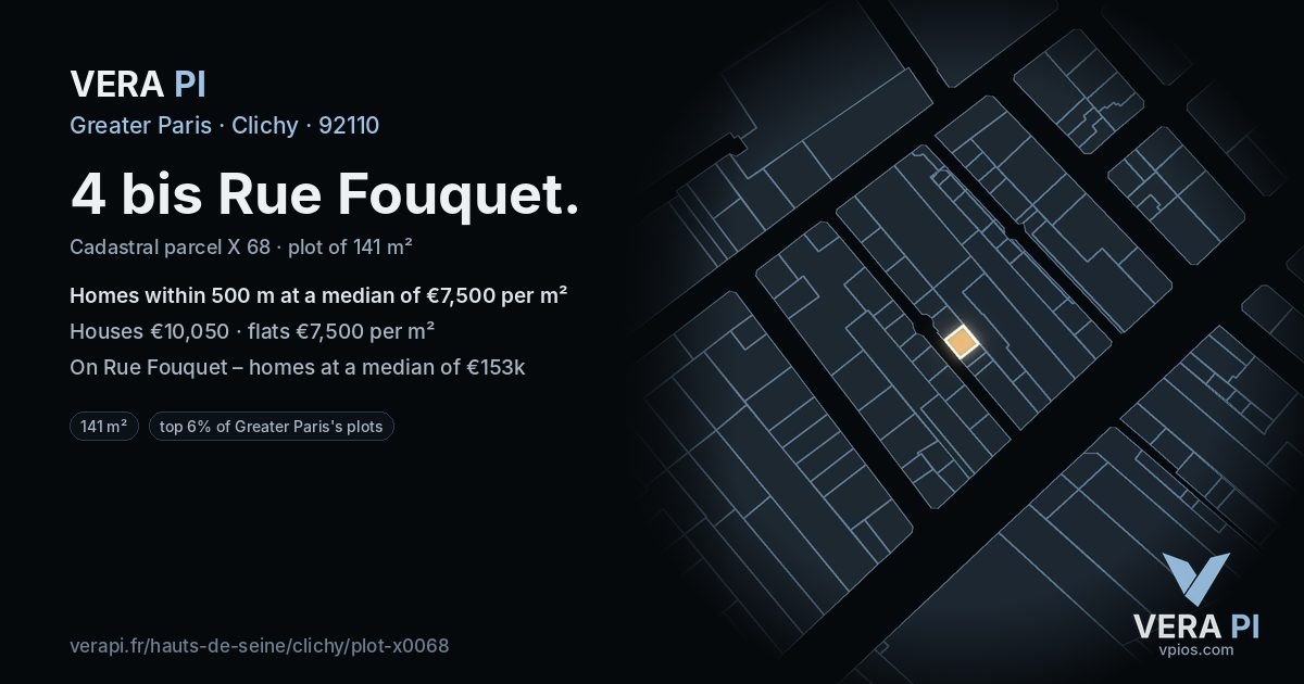 4 bis Rue Fouquet, Clichy at night – the plot lit, the parcels around coloured by the prices near them