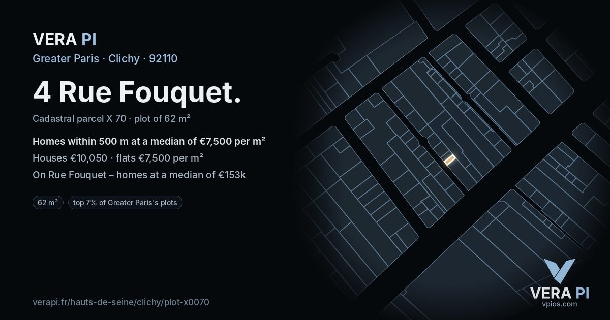 4 Rue Fouquet, Clichy at night – the plot lit, the parcels around coloured by the prices near them