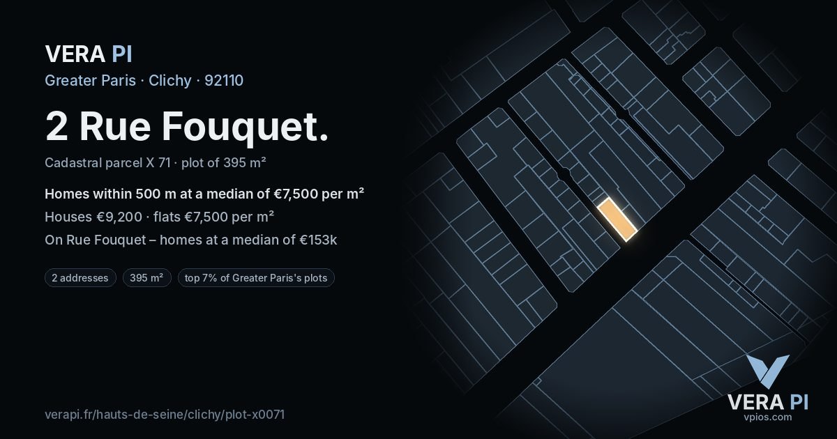 2 Rue Fouquet, Clichy at night – the plot lit, the parcels around coloured by the prices near them
