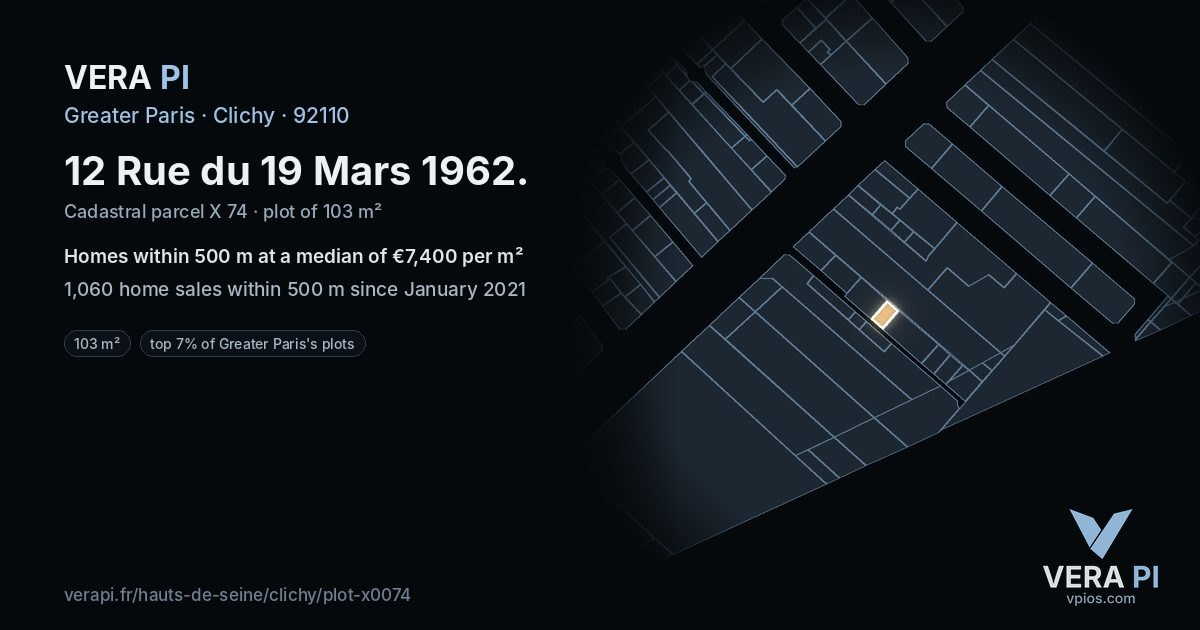 12 Rue du 19 Mars 1962, Clichy at night – the plot lit, the parcels around coloured by the prices near them