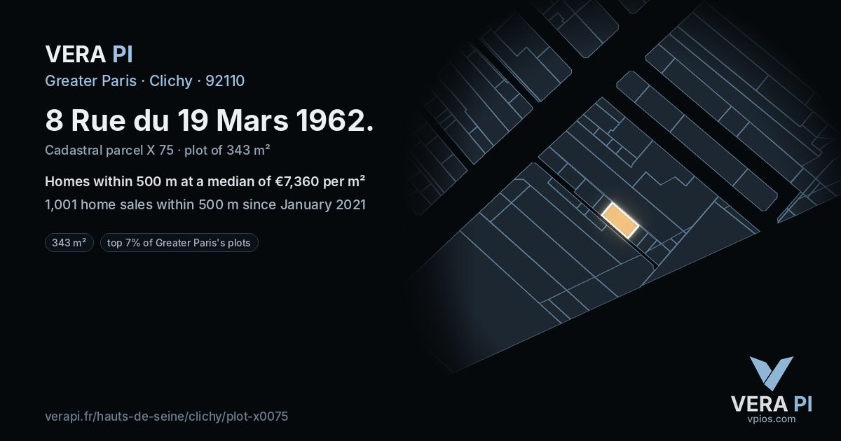 8 Rue du 19 Mars 1962, Clichy at night – the plot lit, the parcels around coloured by the prices near them