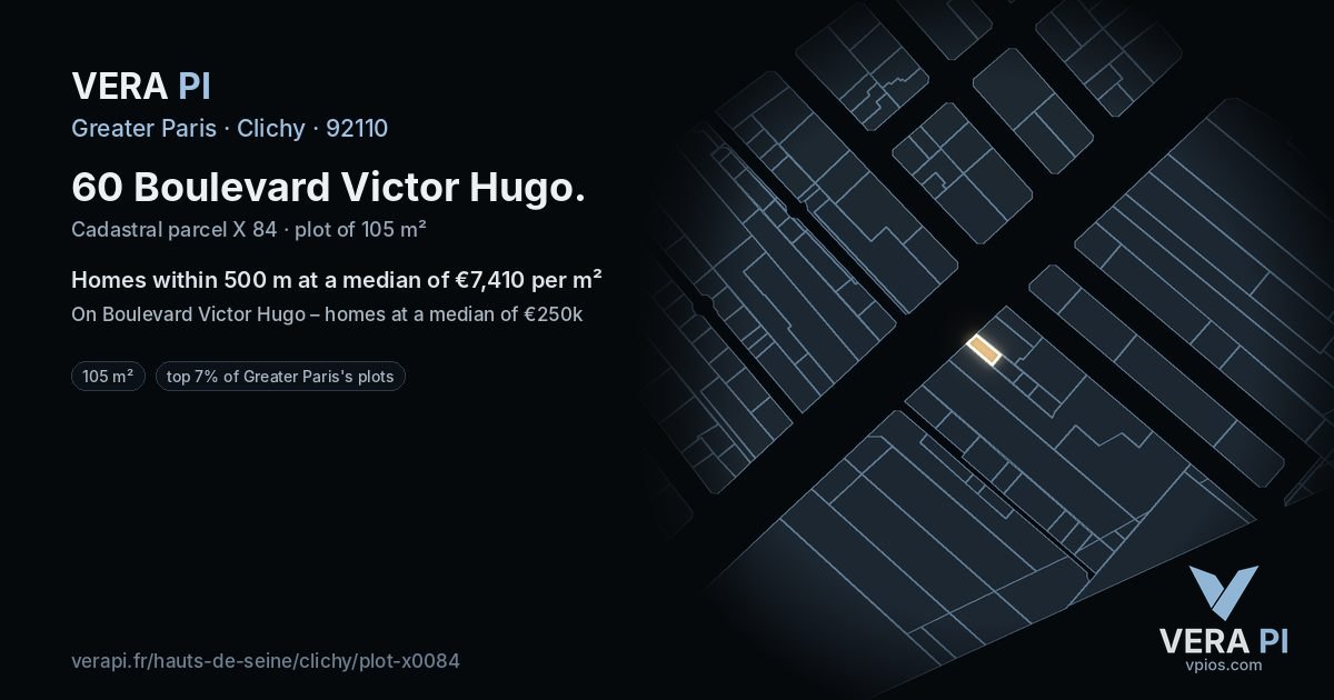 60 Boulevard Victor Hugo, Clichy at night – the plot lit, the parcels around coloured by the prices near them