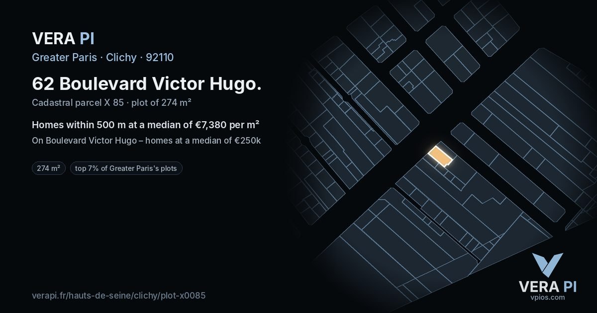 62 Boulevard Victor Hugo, Clichy at night – the plot lit, the parcels around coloured by the prices near them