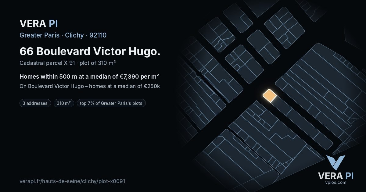 66 Boulevard Victor Hugo, Clichy at night – the plot lit, the parcels around coloured by the prices near them