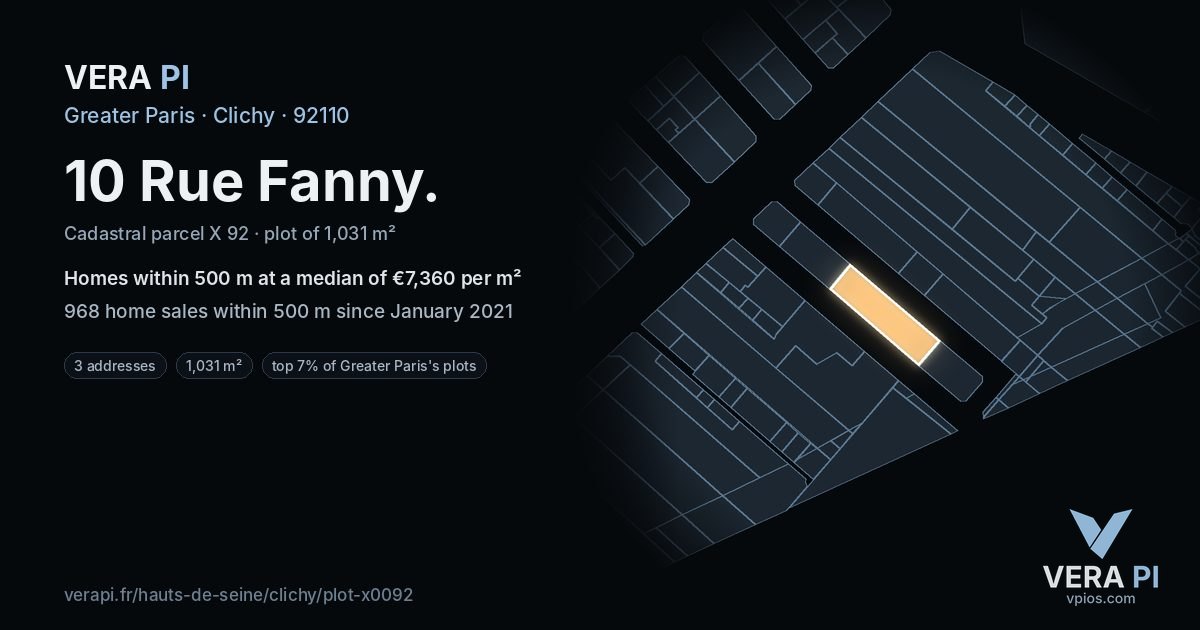 10 Rue Fanny, Clichy at night – the plot lit, the parcels around coloured by the prices near them