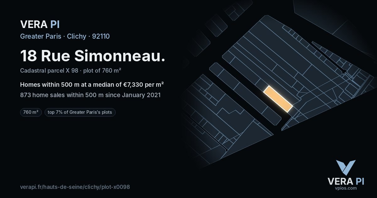 18 Rue Simonneau, Clichy at night – the plot lit, the parcels around coloured by the prices near them
