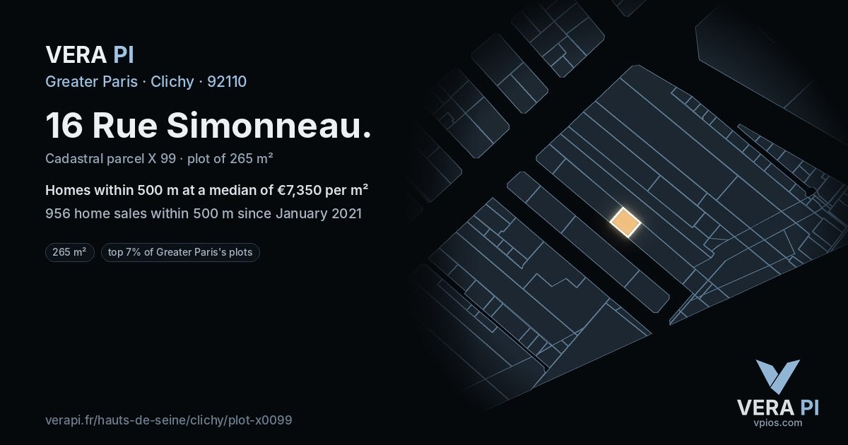 16 Rue Simonneau, Clichy at night – the plot lit, the parcels around coloured by the prices near them