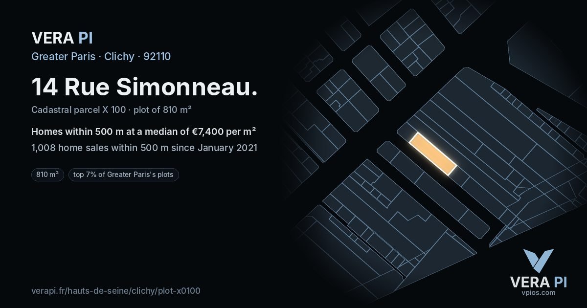 14 Rue Simonneau, Clichy at night – the plot lit, the parcels around coloured by the prices near them