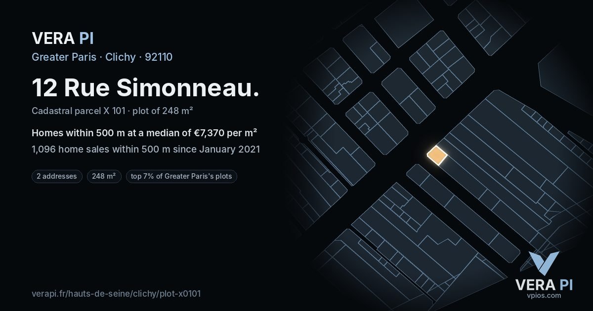 12 Rue Simonneau, Clichy at night – the plot lit, the parcels around coloured by the prices near them