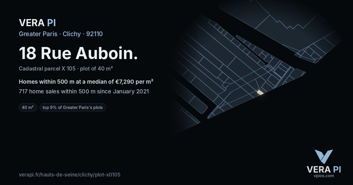 18 Rue Auboin, Clichy at night – the plot lit, the parcels around coloured by the prices near them