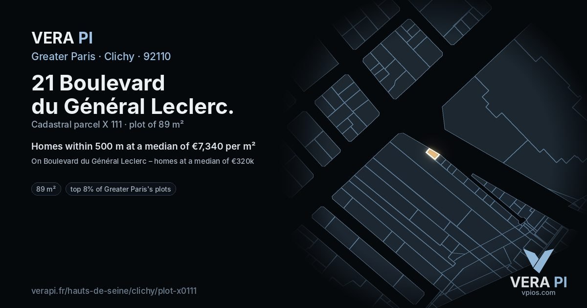 21 Boulevard du Général Leclerc, Clichy at night – the plot lit, the parcels around coloured by the prices near them