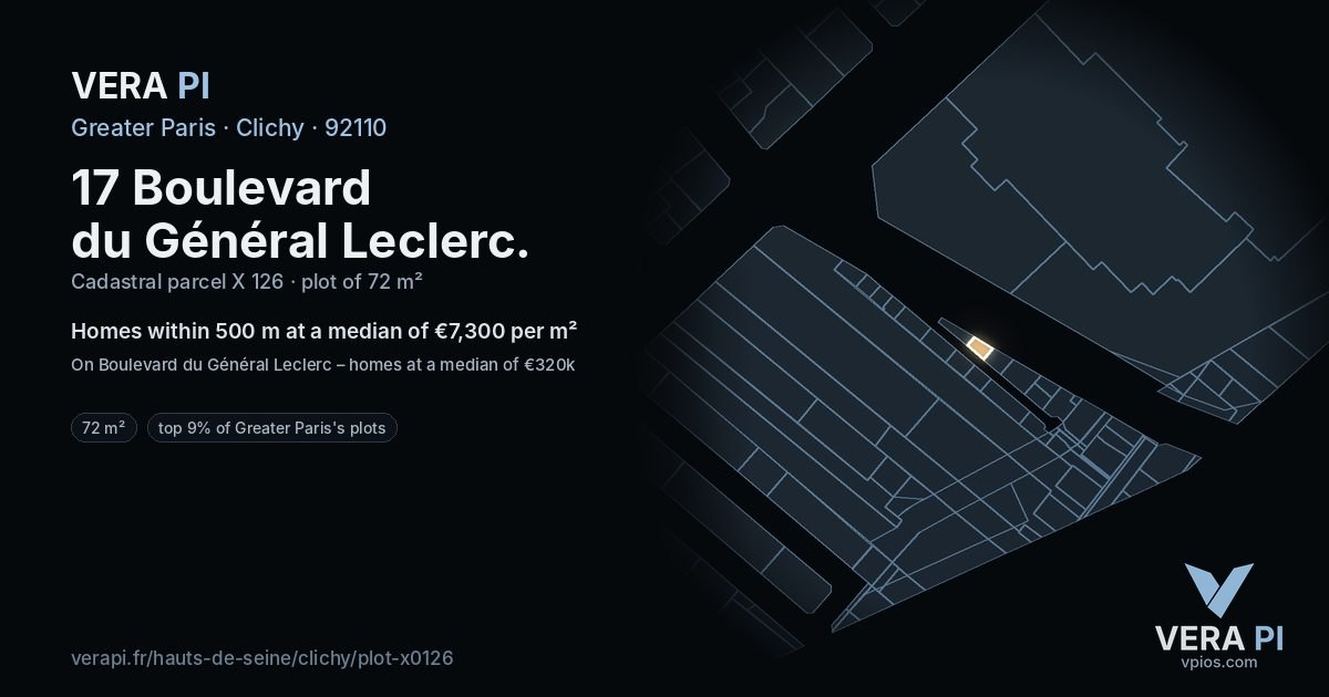 17 Boulevard du Général Leclerc, Clichy at night – the plot lit, the parcels around coloured by the prices near them