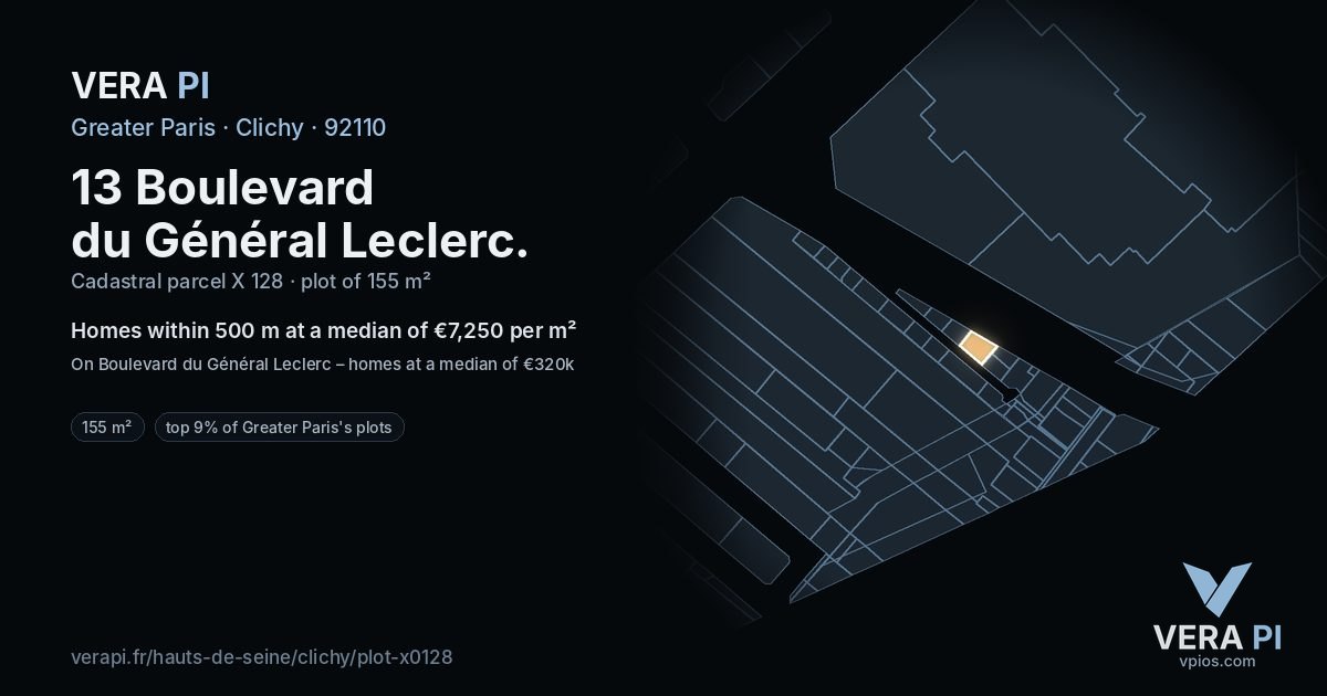 13 Boulevard du Général Leclerc, Clichy at night – the plot lit, the parcels around coloured by the prices near them