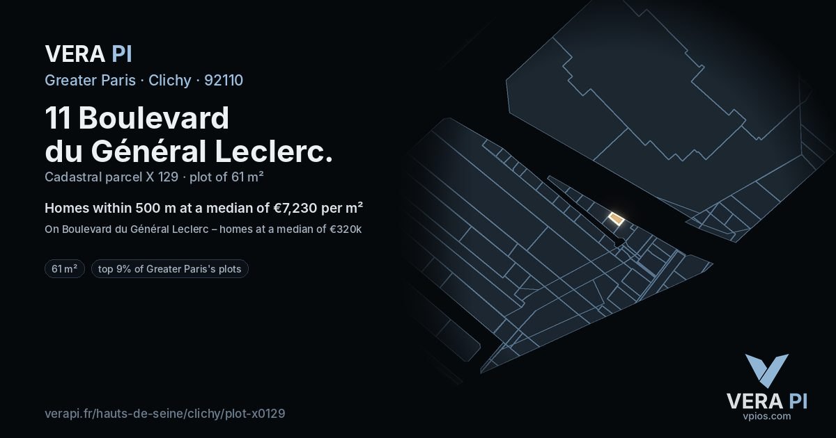 11 Boulevard du Général Leclerc, Clichy at night – the plot lit, the parcels around coloured by the prices near them