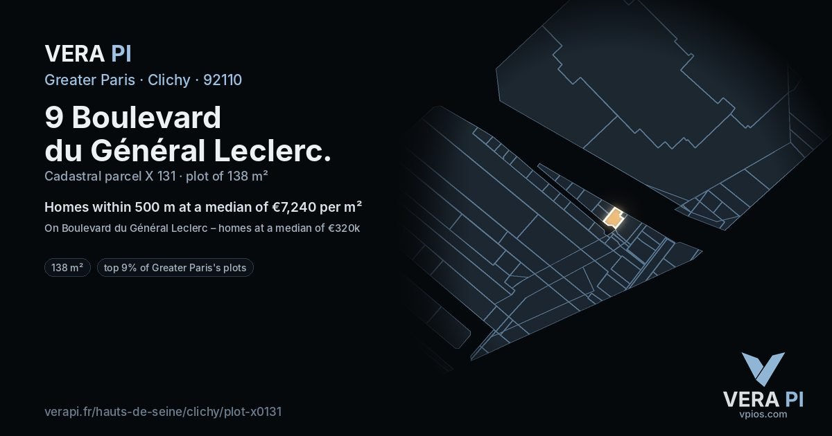 9 Boulevard du Général Leclerc, Clichy at night – the plot lit, the parcels around coloured by the prices near them