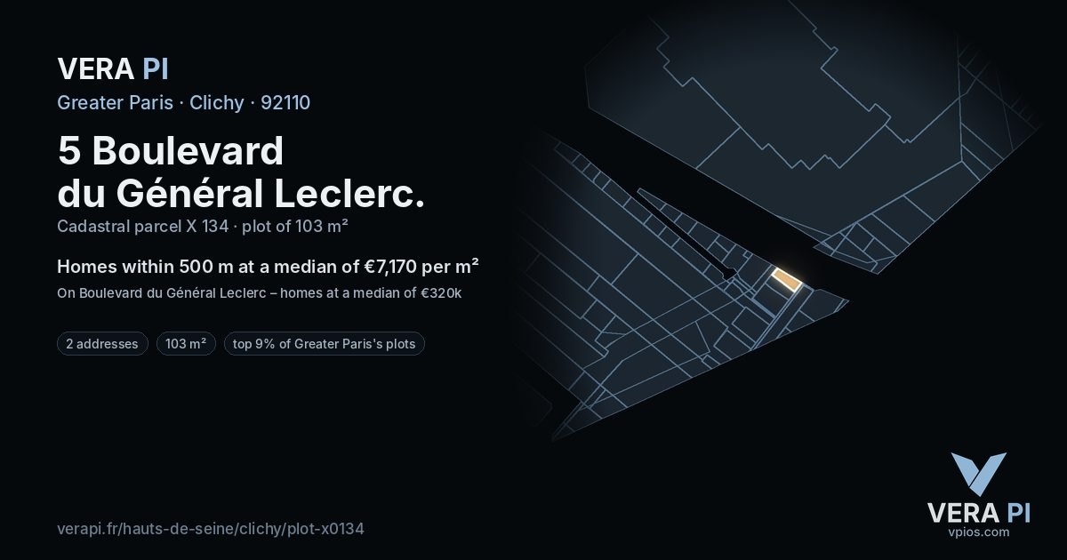5 Boulevard du Général Leclerc, Clichy at night – the plot lit, the parcels around coloured by the prices near them