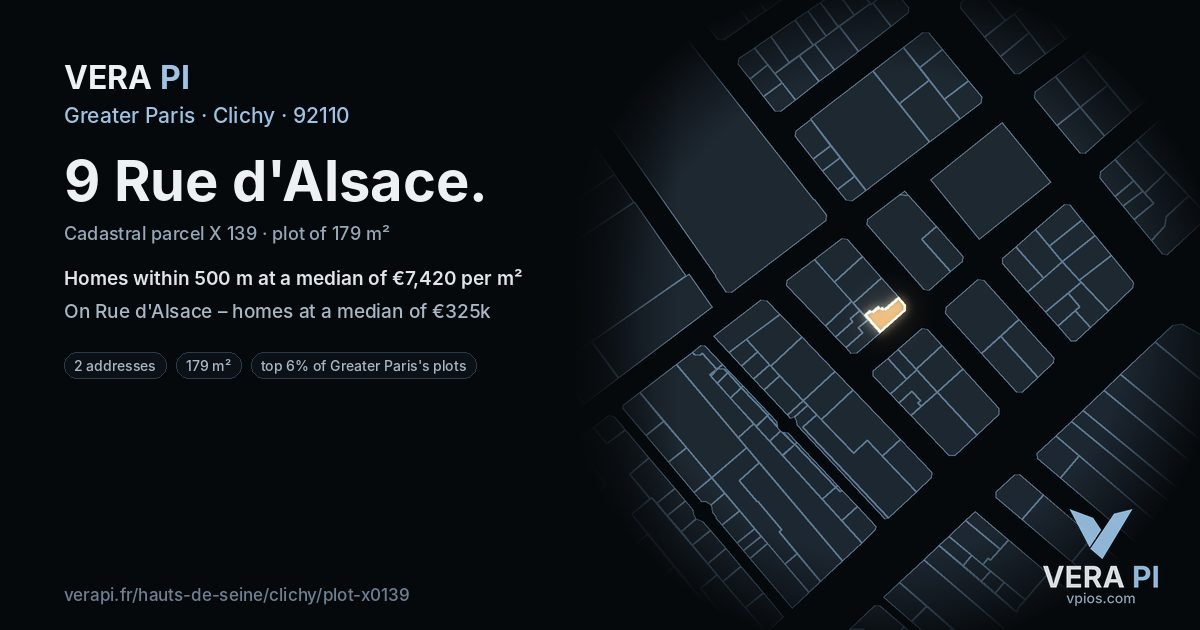 9 Rue d'Alsace, Clichy at night – the plot lit, the parcels around coloured by the prices near them