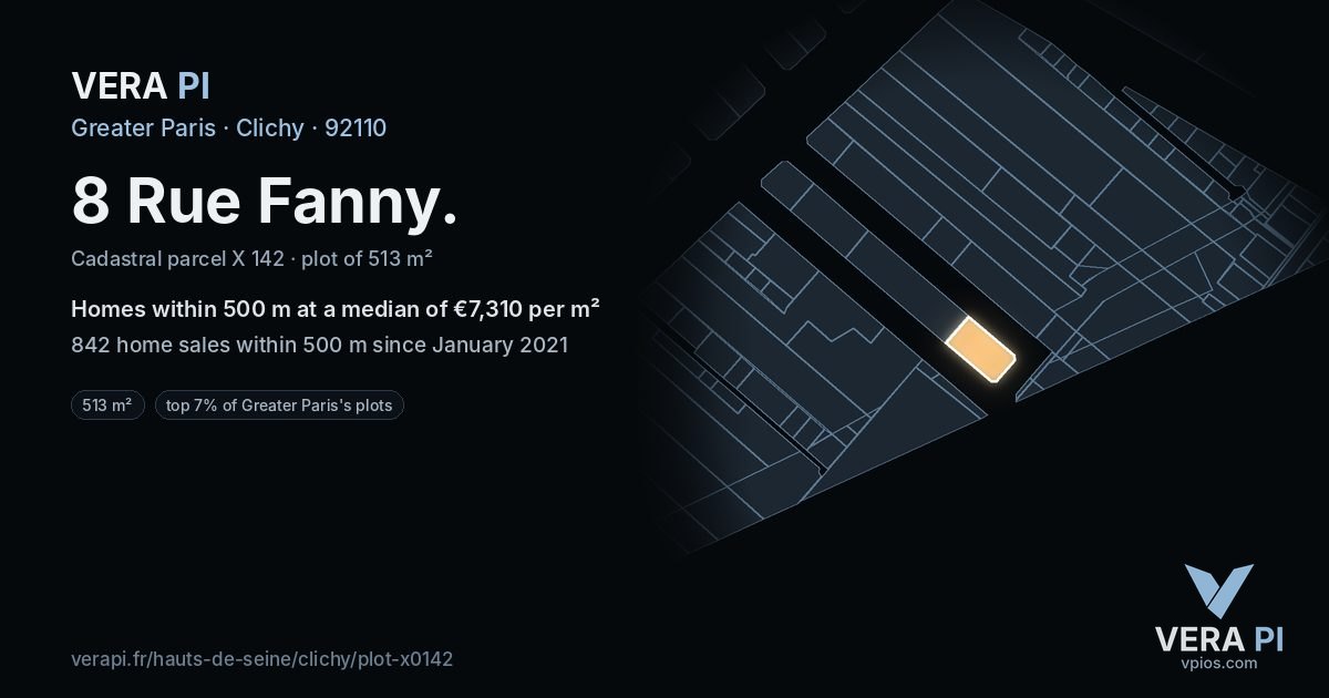 8 Rue Fanny, Clichy at night – the plot lit, the parcels around coloured by the prices near them