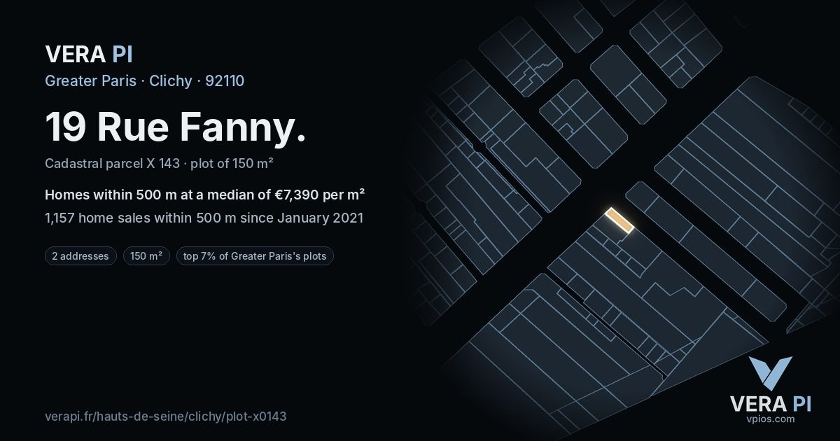 19 Rue Fanny, Clichy at night – the plot lit, the parcels around coloured by the prices near them