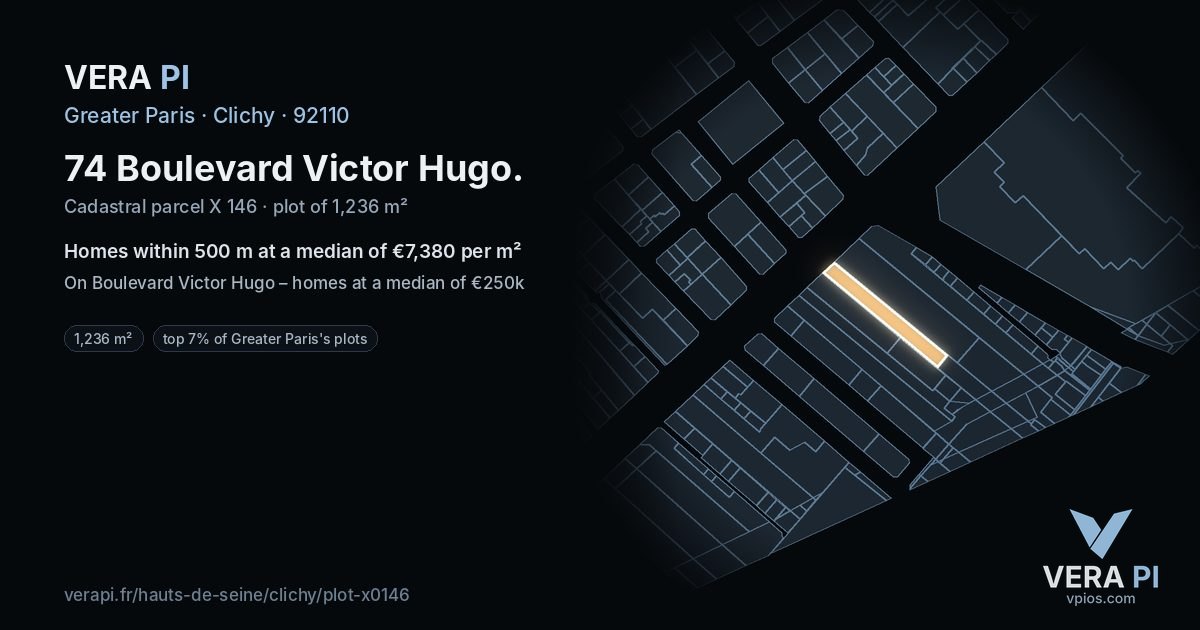 74 Boulevard Victor Hugo, Clichy at night – the plot lit, the parcels around coloured by the prices near them