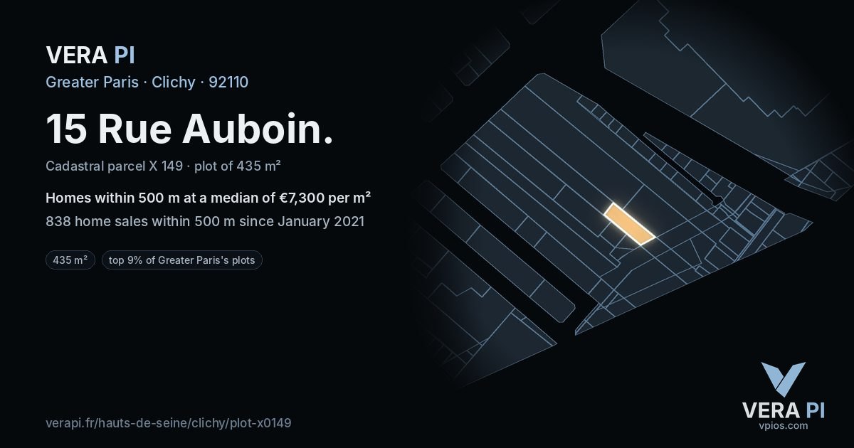 15 Rue Auboin, Clichy at night – the plot lit, the parcels around coloured by the prices near them