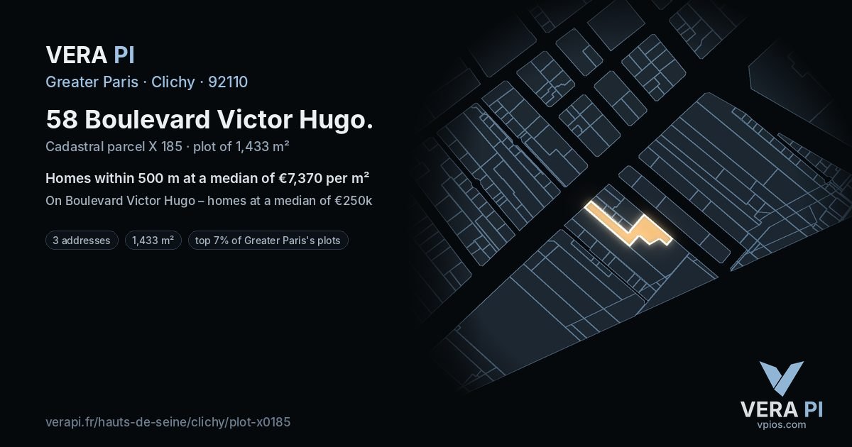 58 Boulevard Victor Hugo, Clichy at night – the plot lit, the parcels around coloured by the prices near them