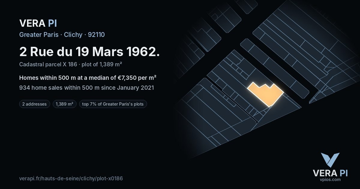 2 Rue du 19 Mars 1962, Clichy at night – the plot lit, the parcels around coloured by the prices near them