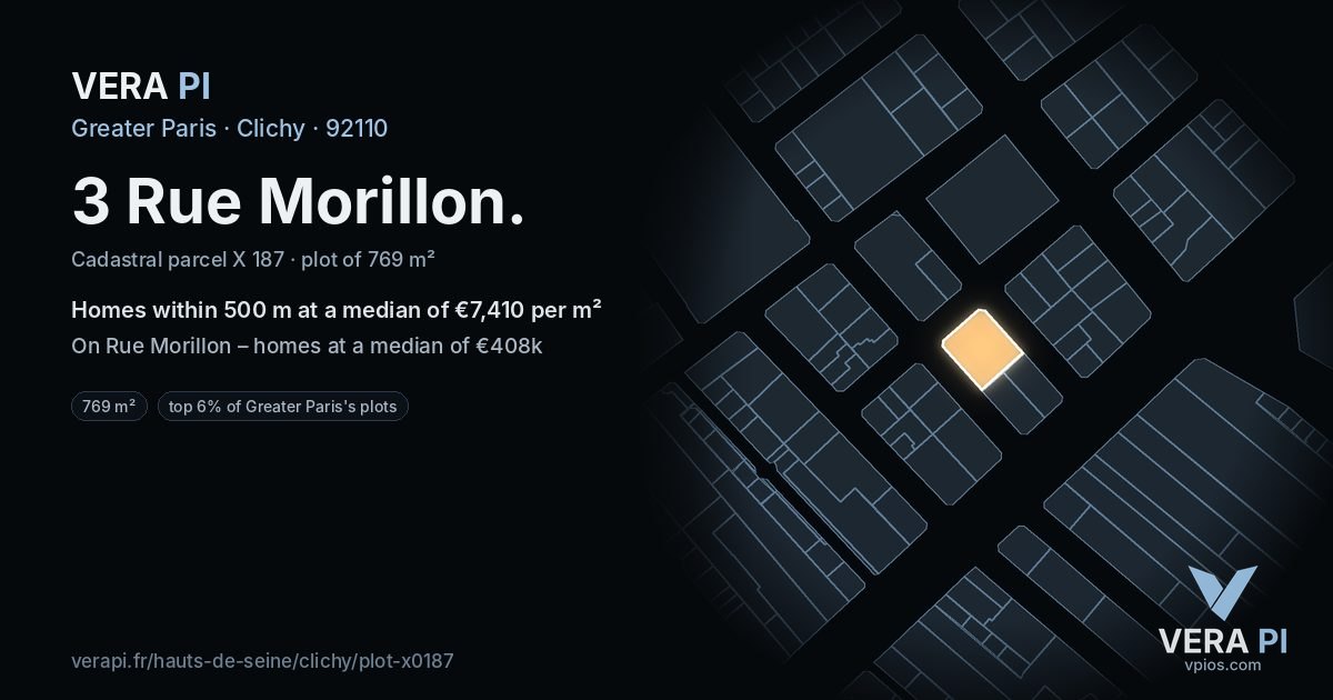 3 Rue Morillon, Clichy at night – the plot lit, the parcels around coloured by the prices near them