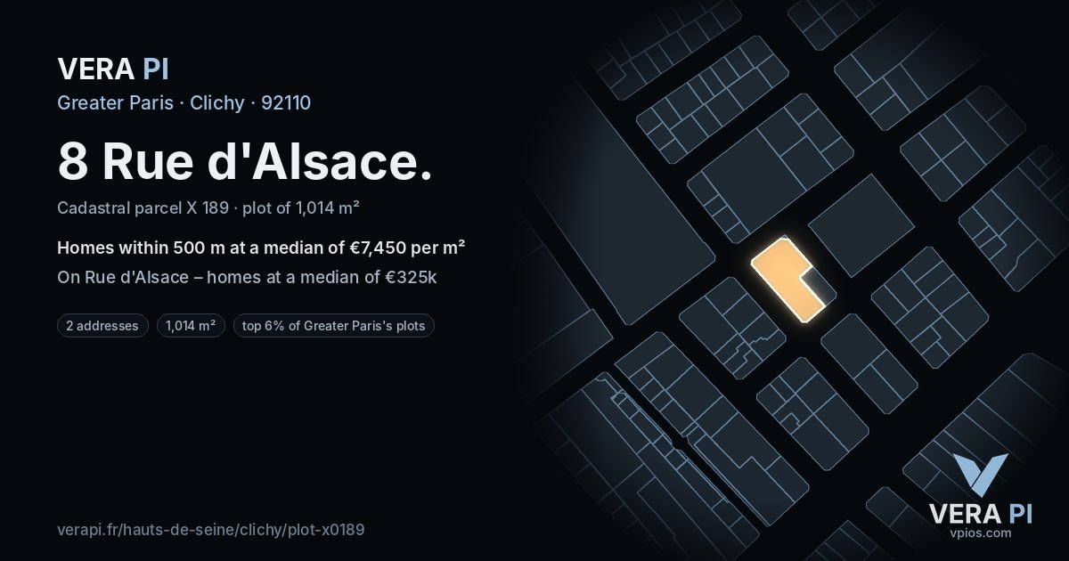 8 Rue d'Alsace, Clichy at night – the plot lit, the parcels around coloured by the prices near them