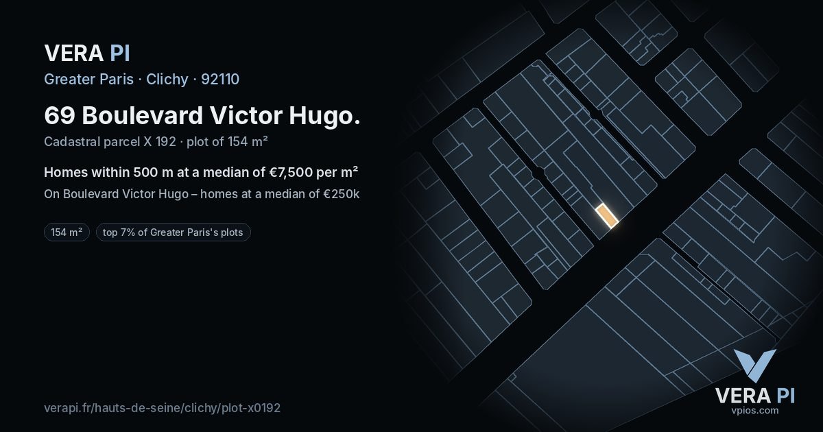 69 Boulevard Victor Hugo, Clichy at night – the plot lit, the parcels around coloured by the prices near them