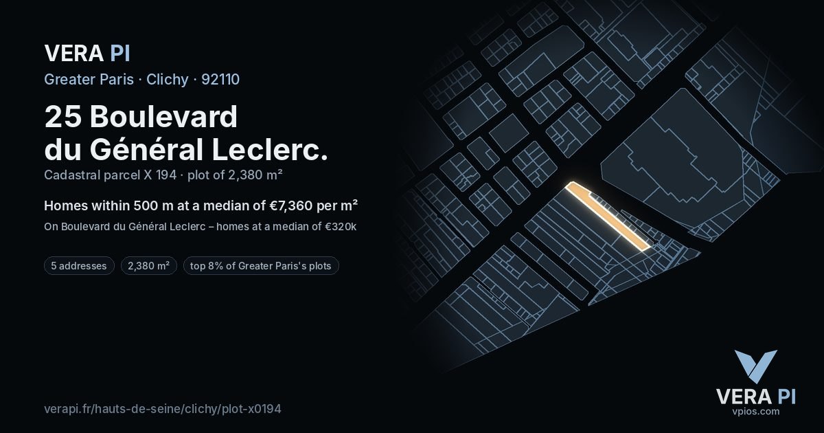 25 Boulevard du Général Leclerc, Clichy at night – the plot lit, the parcels around coloured by the prices near them