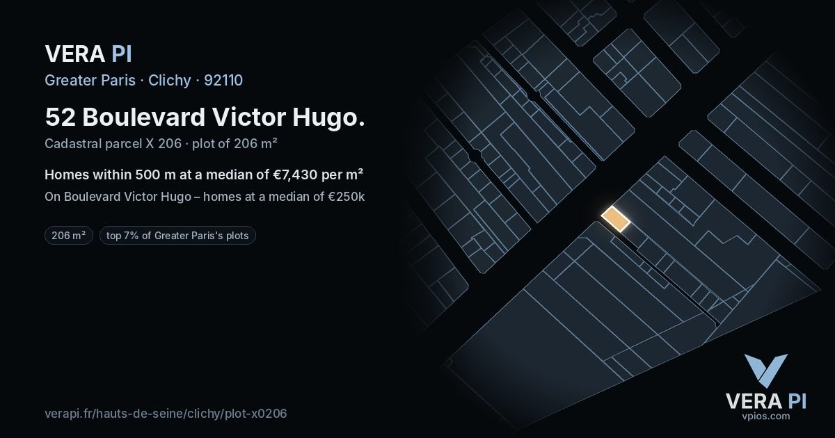 52 Boulevard Victor Hugo, Clichy at night – the plot lit, the parcels around coloured by the prices near them