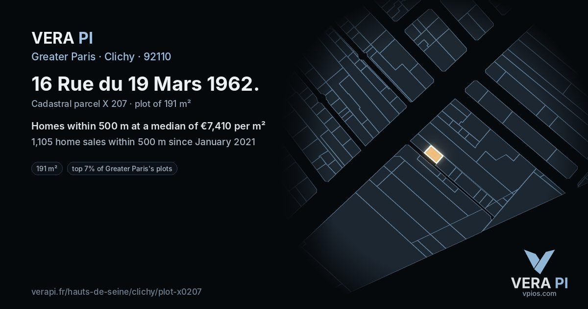 16 Rue du 19 Mars 1962, Clichy at night – the plot lit, the parcels around coloured by the prices near them