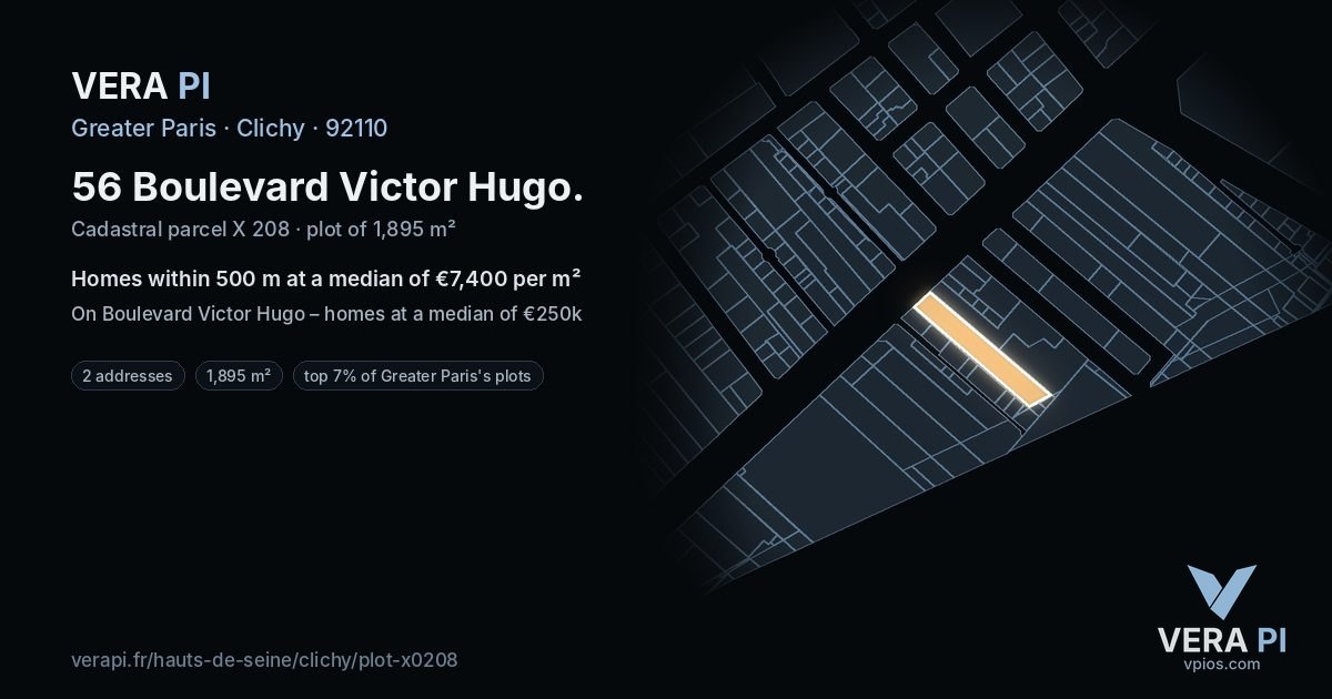 56 Boulevard Victor Hugo, Clichy at night – the plot lit, the parcels around coloured by the prices near them