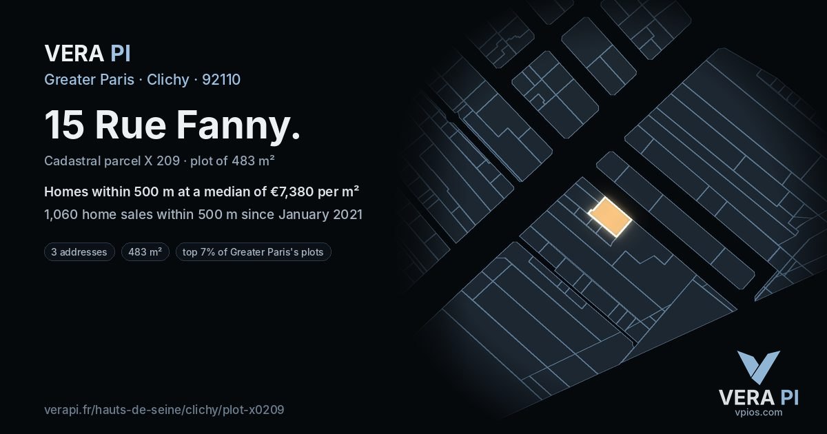 15 Rue Fanny, Clichy at night – the plot lit, the parcels around coloured by the prices near them